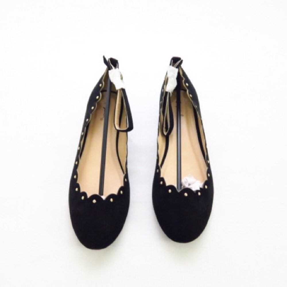 Black scallop ankle strap flats